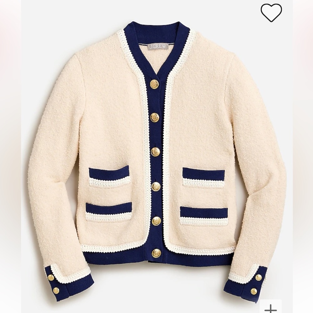 J. Crew Cream and Navy Bouclé Trimmed Cardigan